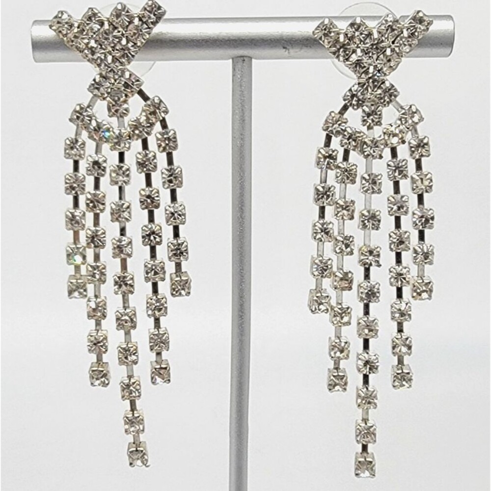 Clear Rhinestone Waterfall Chandelier Dangle Earrings Silver Tone Prong Set Vtg.